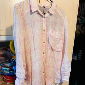 Free People Linen Button Down Oversized Long Sleeve Shirt